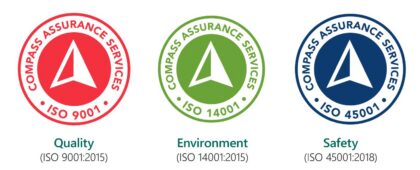 Three Compass Assurance Services logos for ISO 9001, ISO 14001, and ISO 45001 certifications on a white background.